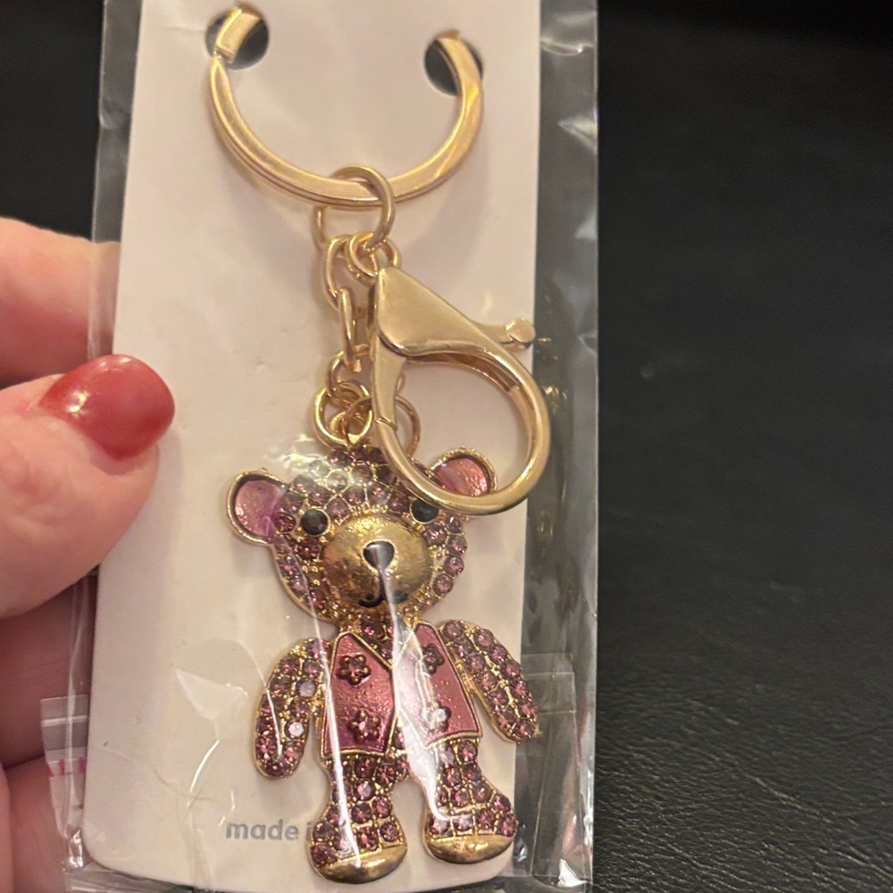 Mint Gold and Pink Bear Charm Keychain